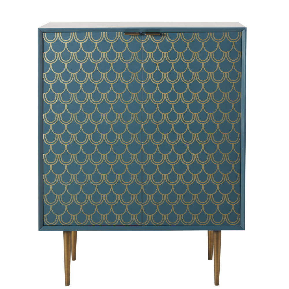 Buffet vintage BARRACUDA bleu turquoise à motifs dorés 70 cm