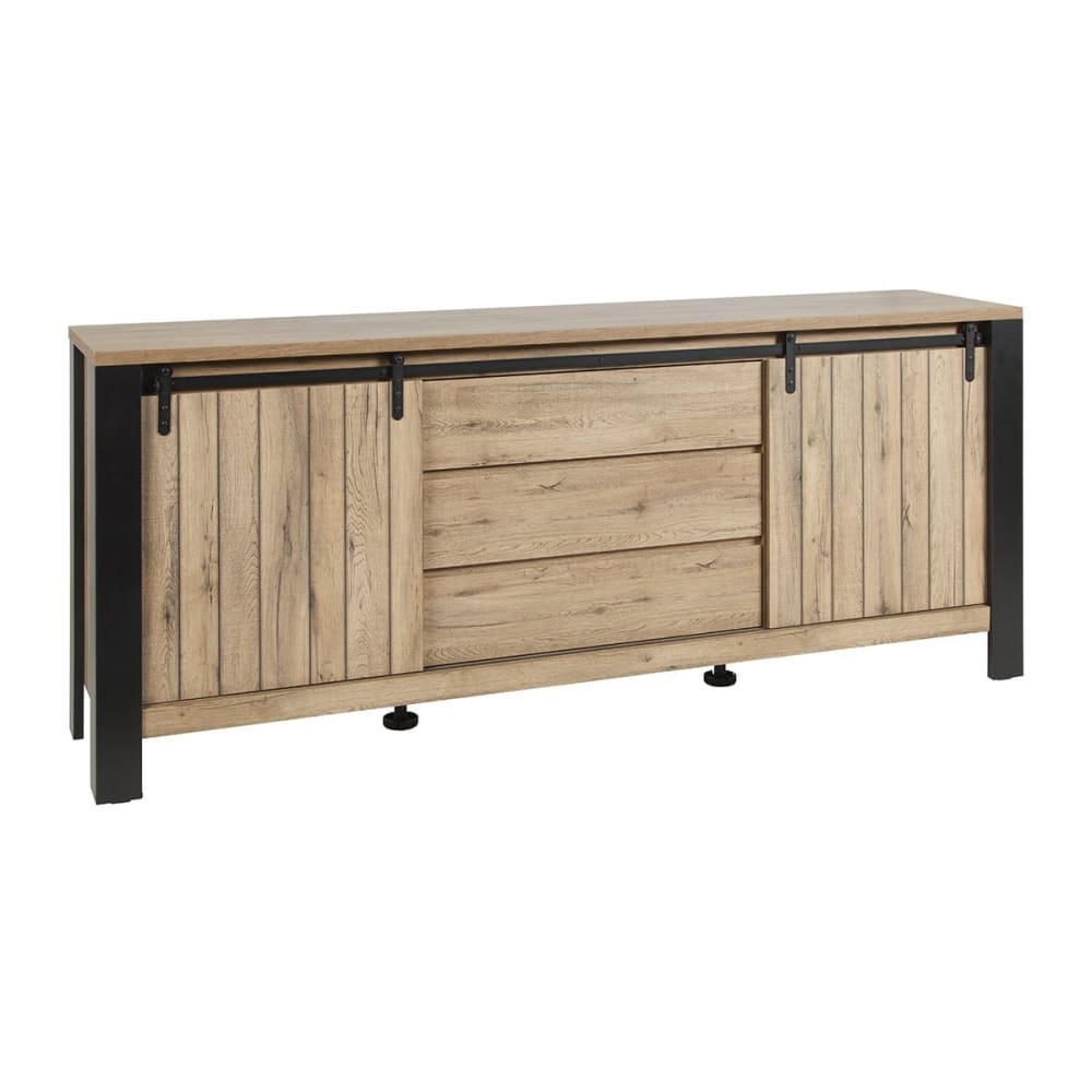 Buffet enfilade industriel CLODIUS 220 cm avec 2 portes coulissantes et 3 tiroirs