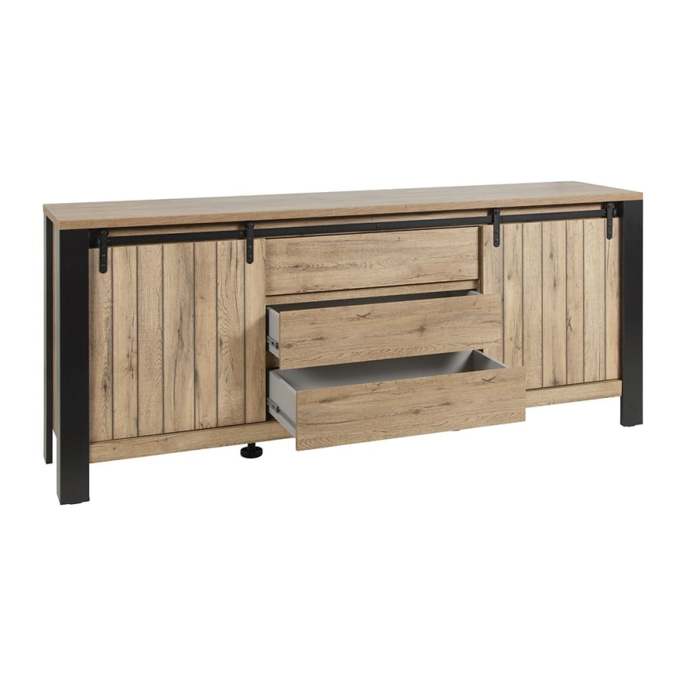 Buffet CLODIUS portes coulissantes ouvertes sur les rangements