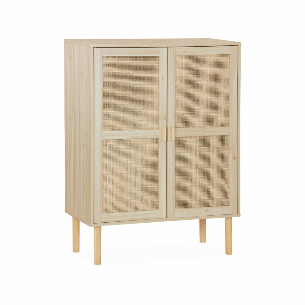 Buffet haut vaisselier CAMARGUE en cannage et décor bois 80 cm