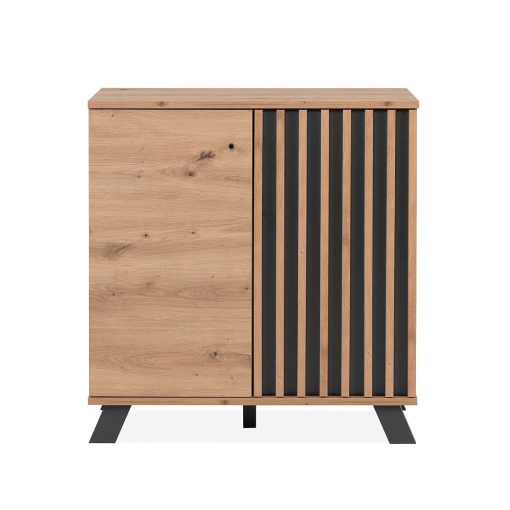 Petit buffet LUBLIN effet chêne et anthracite 80 cm avec portes à tasseaux