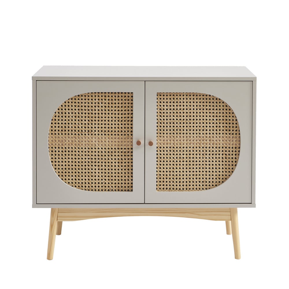 Petit buffet CANNO gris perle 2 portes en cannage 90 cm