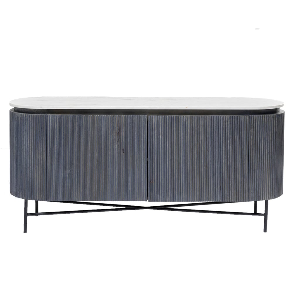 Grand buffet arrondi GLENN en manguier massif avec plateau marbre blanc 160 cm