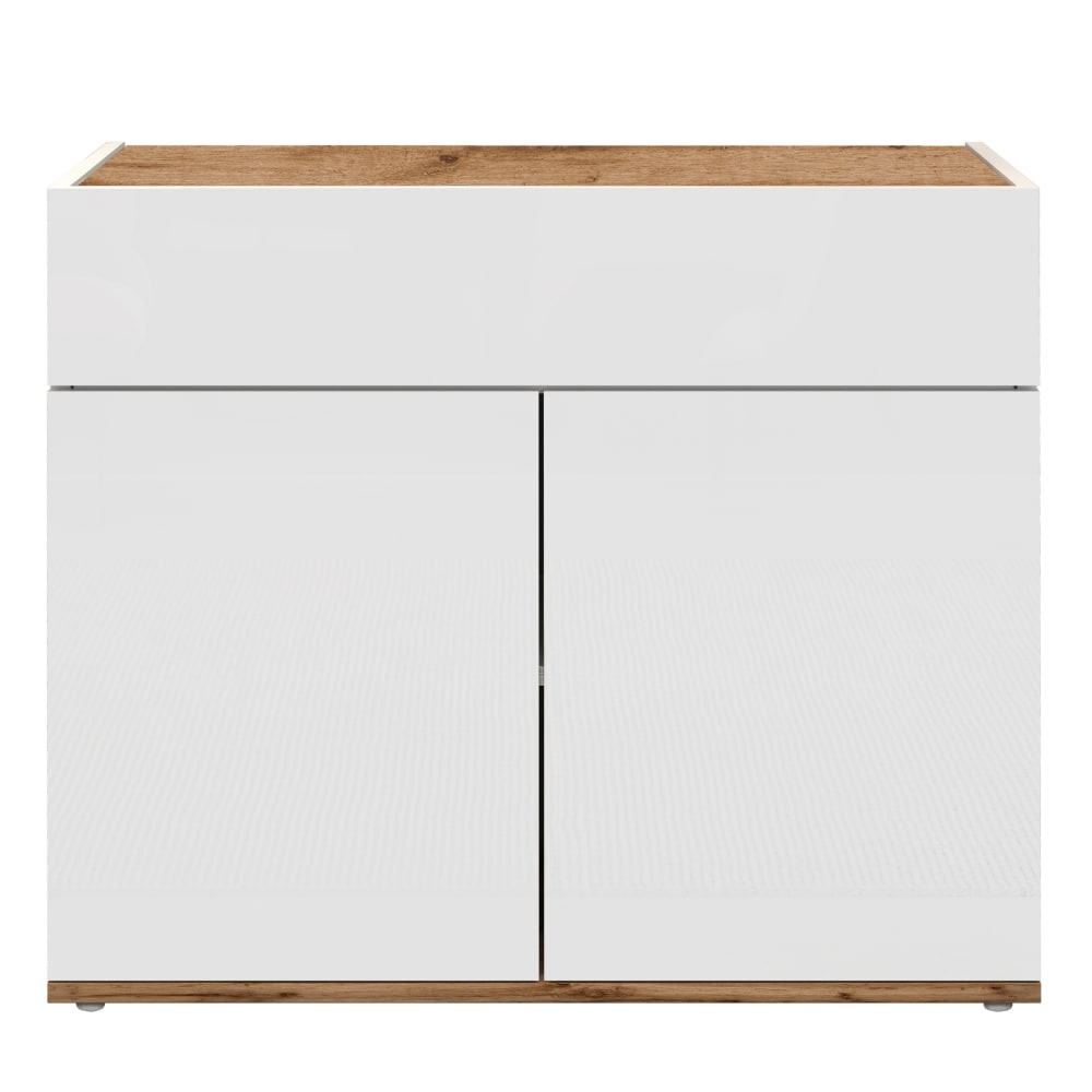 Petit buffet 2 portes et 1 tiroir blanc brillant et chêne 81 cm - GARDA