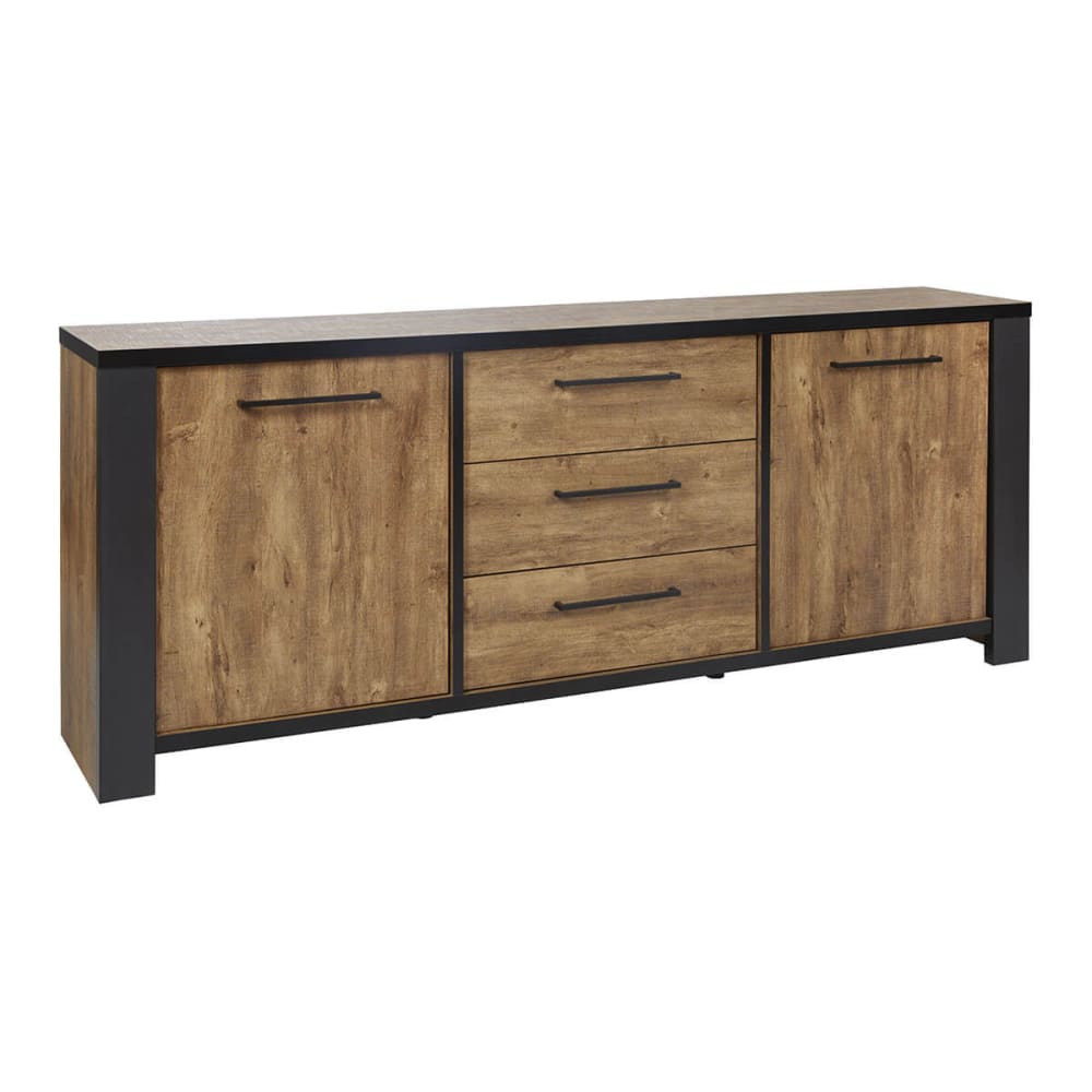 Grand buffet ETIENNE effet bois et noir 230 cm avec 2 portes et 3 tiroirs