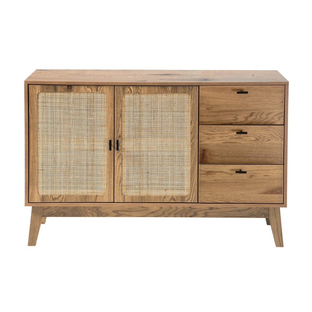 Buffet ALIA 2 portes en rotin tressé et 3 tiroirs décor bois 120 cm