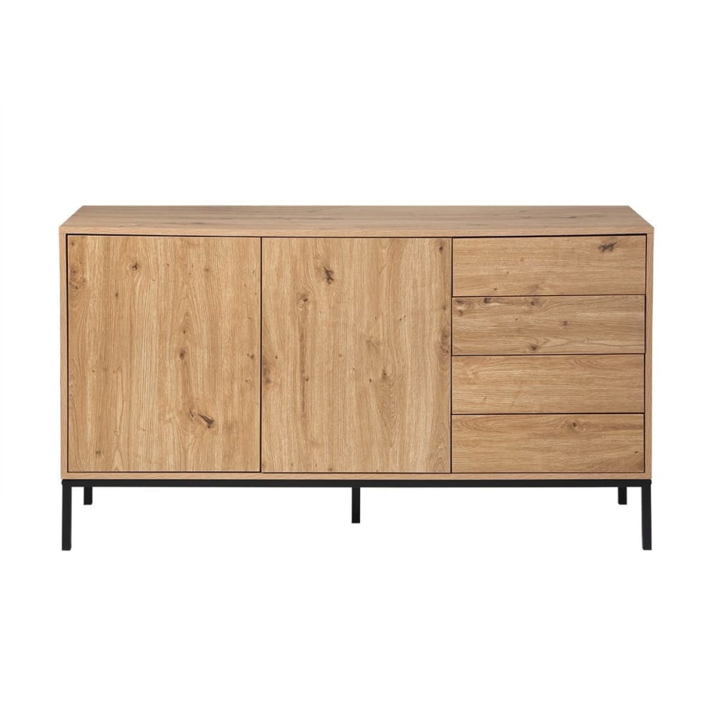 Buffet LENNY décor chêne 140 cm avec 2 portes 4 tiroirs et pieds métal noir