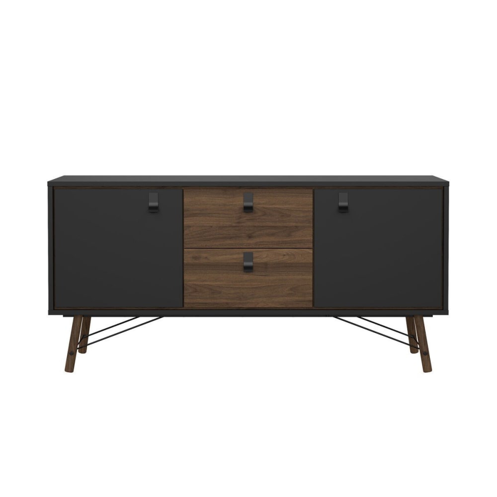 Buffet JOYCE effet noyer et métal noir 150 cm avec 2 portes et 2 tiroirs