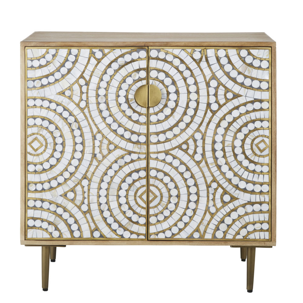 Petit buffet OLYMPEA en manguier massif avec portes nacre et résine 80 cm