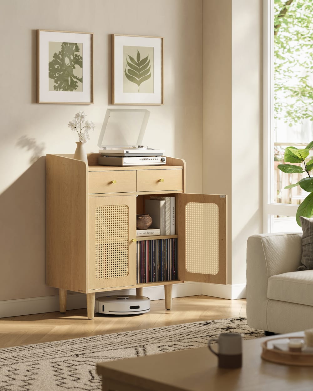 Buffet SONGMICS HOME tiroirs ouverts et placard visible