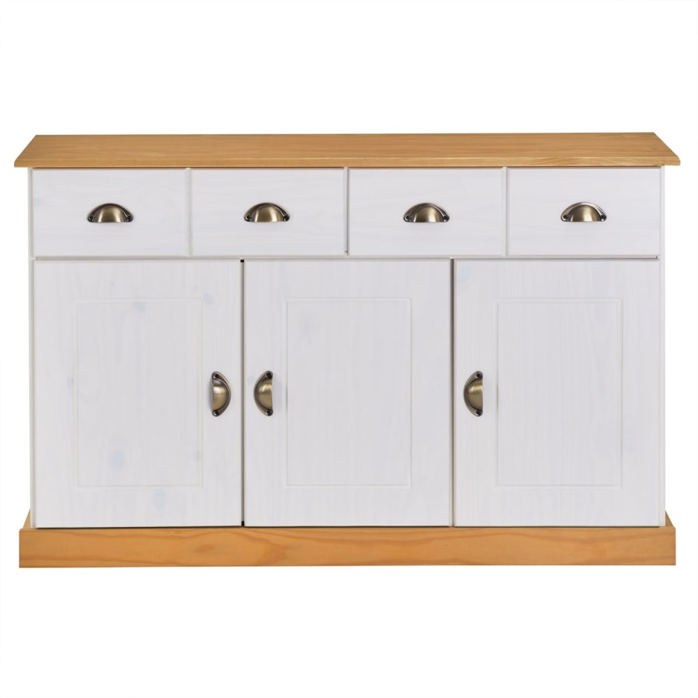 Buffet bahut PARIS en pin massif blanc et brun 3 portes 2 tiroirs 116 cm