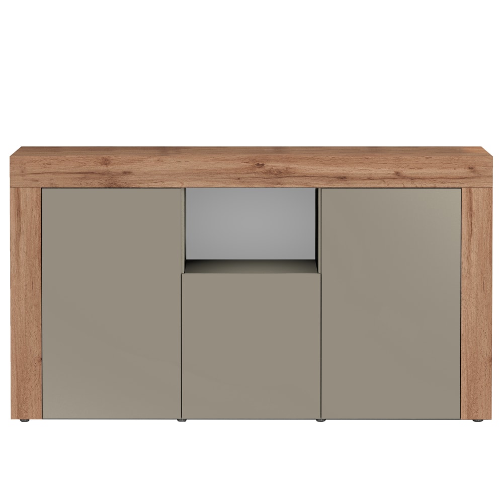 Buffet 3 portes et niche ouverte taupe mat et chêne 155 cm - CHRONOS