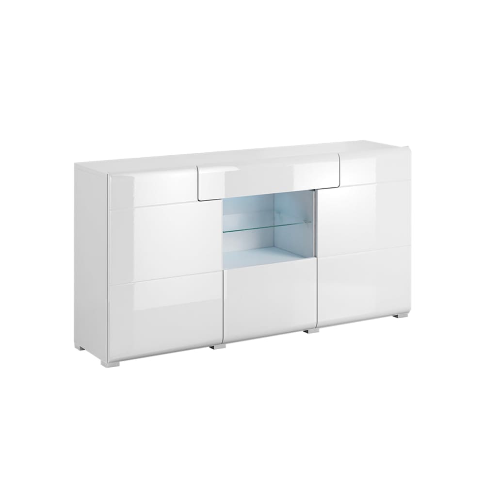 Buffet enfilade JULES blanc laqué 159 cm avec 3 portes 1 tiroir et niche en verre