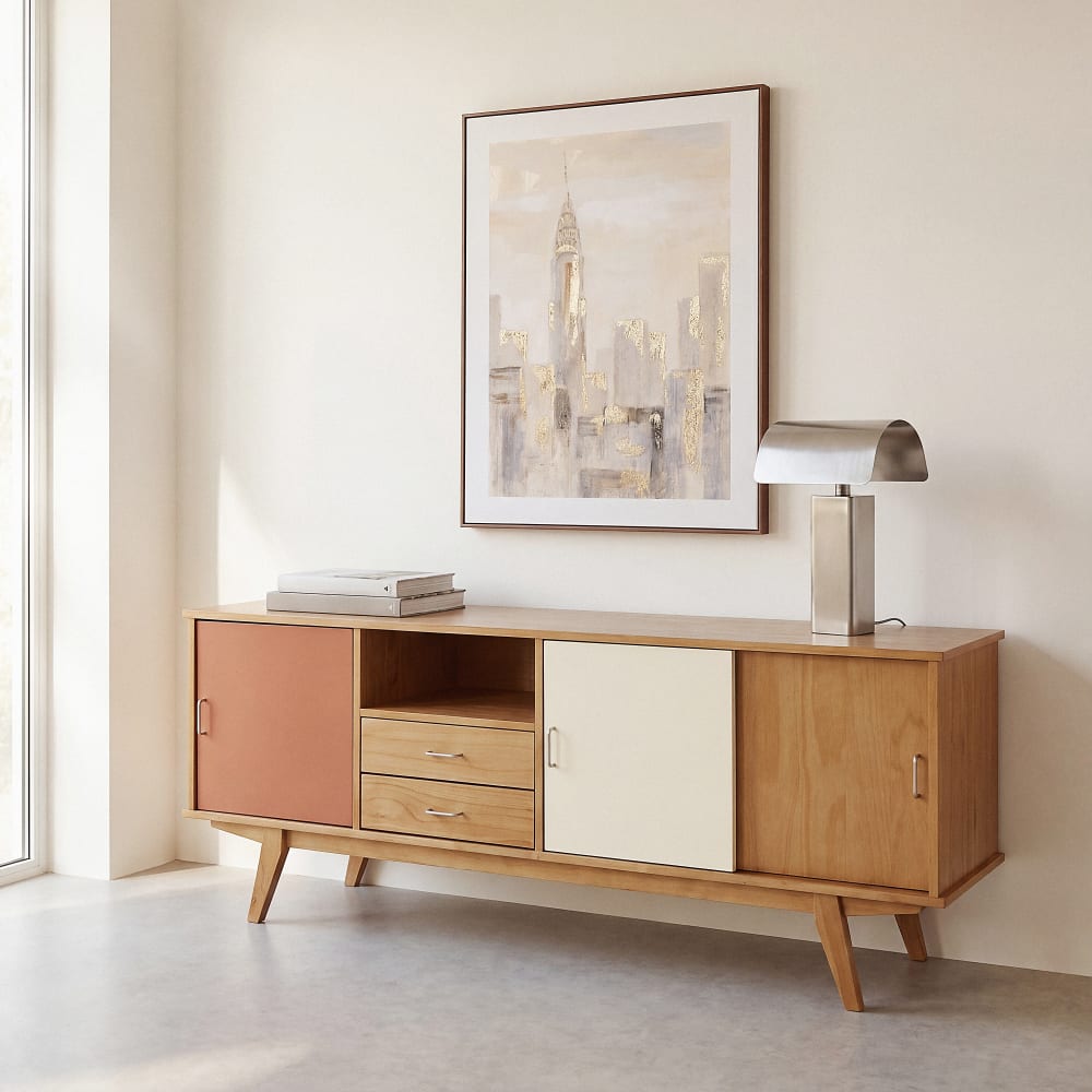 Buffet LAURETTE en pin massif terracotta et écru 180 cm à 3 portes