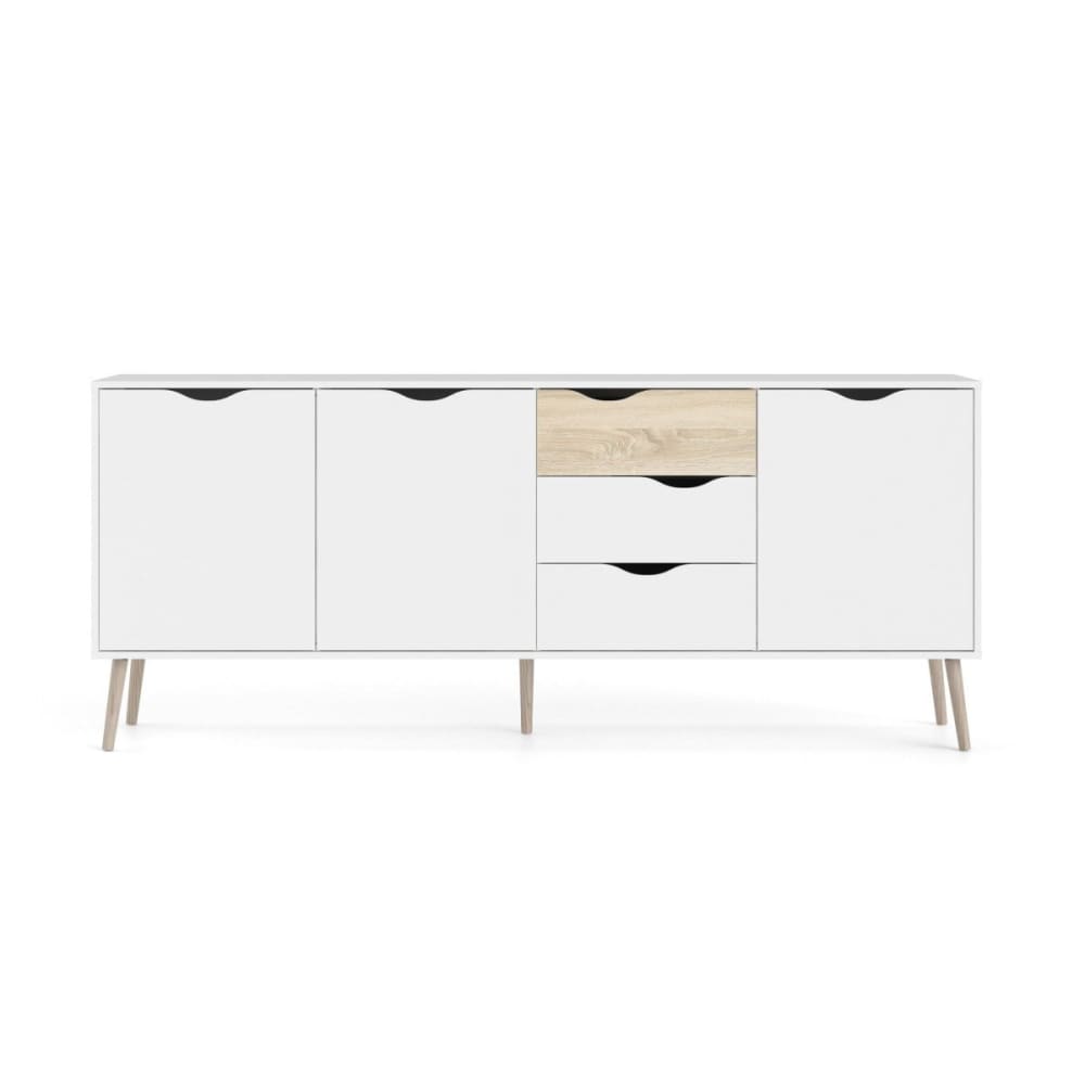Grand buffet BILLUND blanc et chêne 196 cm à 3 portes et 3 tiroirs