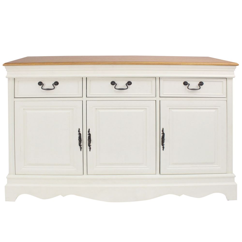 Détail de la patine crème vieillie du buffet LEONTINE