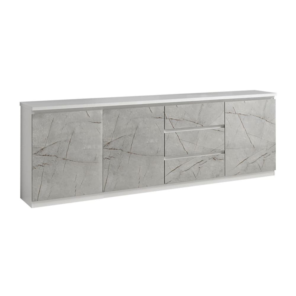 Grand buffet DEYTON laqué blanc et gris marbré 220 cm avec 3 portes et 3 tiroirs