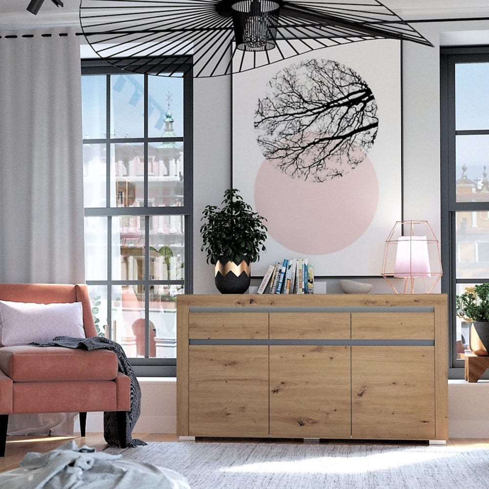 Détail des trois tiroirs alignés du buffet KASLA