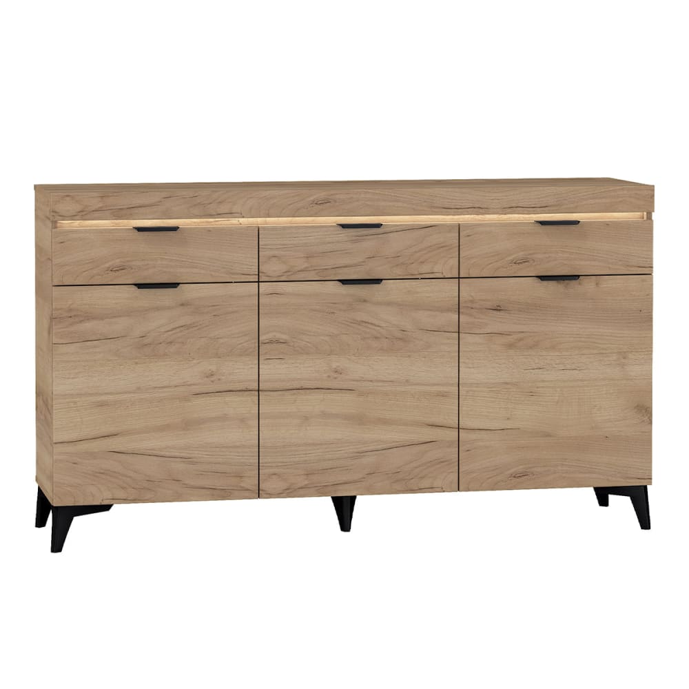 Grand buffet RUBEN effet chêne 157 cm avec 3 portes 3 tiroirs et bande LED