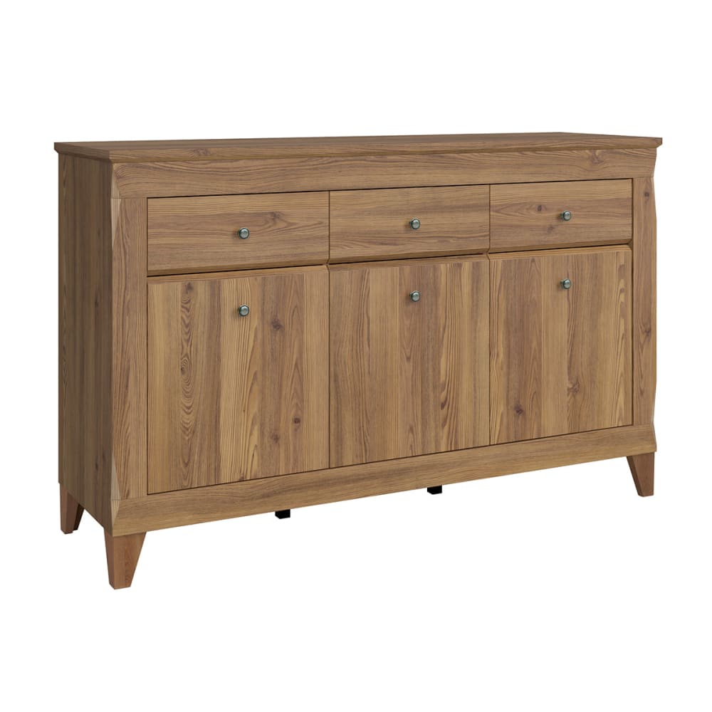 Grand buffet RAYA effet mélèze doré 156 cm avec 3 portes et 3 tiroirs