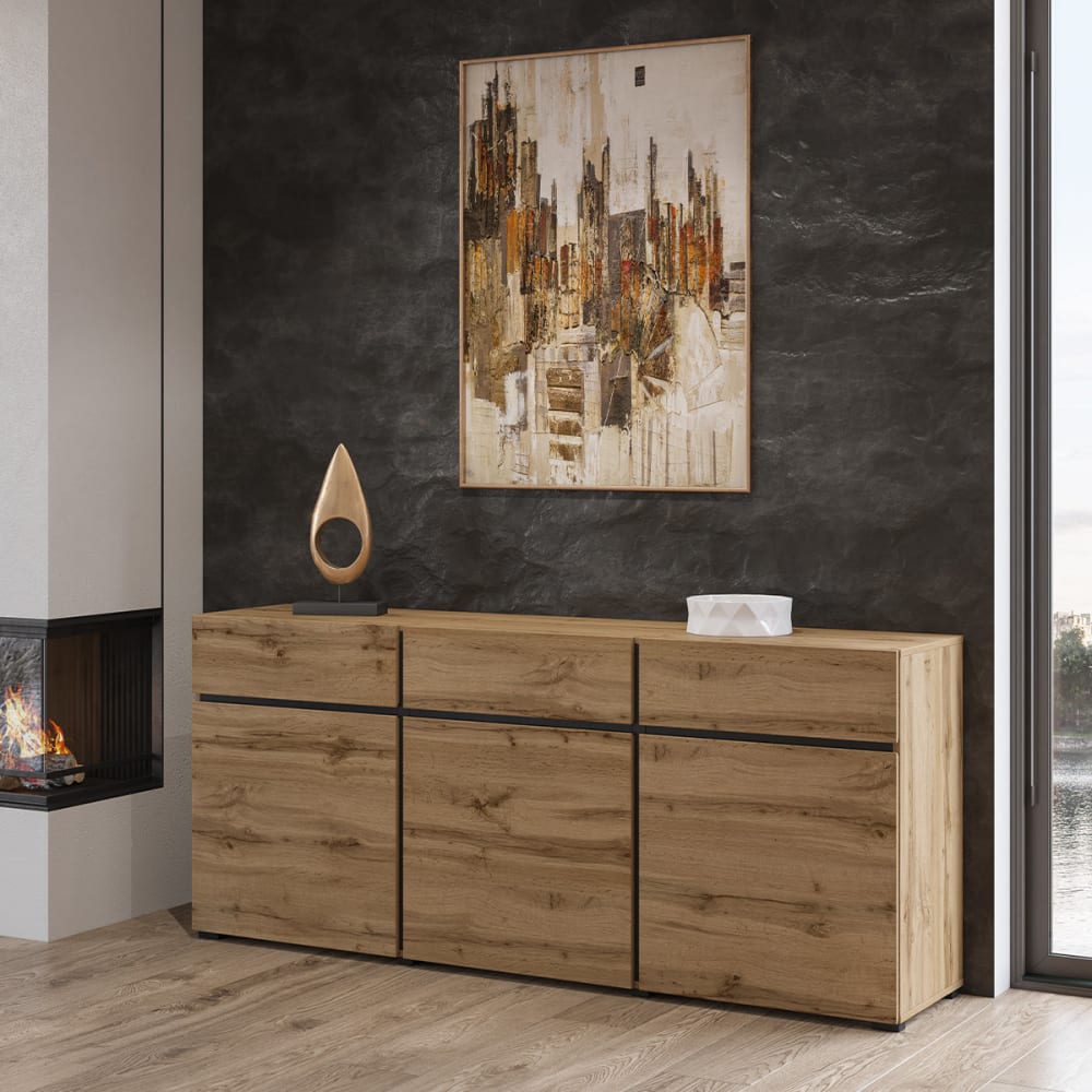 Détail des trois tiroirs du buffet LILIA