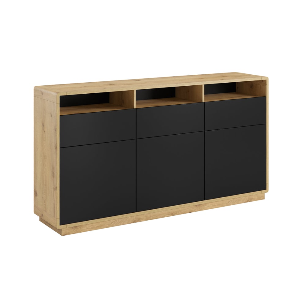 Buffet enfilade RAVEN noir mat et bois 3 portes 3 tiroirs 180 cm
