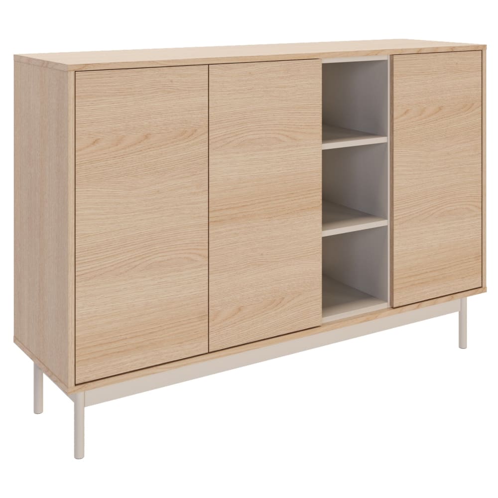 Buffet LAYEN aspect chêne et gris cachemire 138 cm à 3 portes et 3 niches