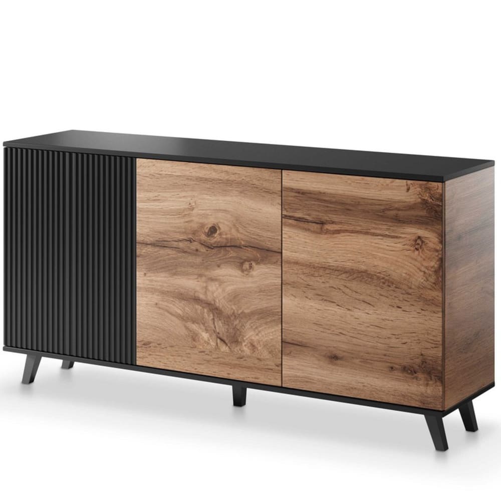 Grand buffet PUMP effet chêne wotan et noir 160 cm à 3 portes