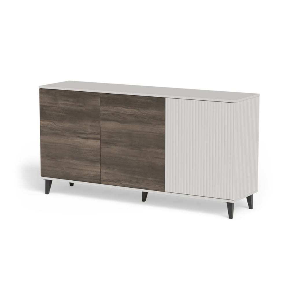Buffet 3 portes aspect noyer et beige 160 cm ouverture push - PUMP