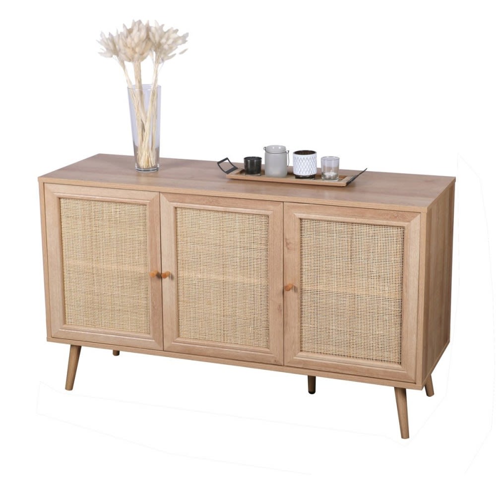 Buffet GOBI en cannage de rotin et décor bois 120 cm avec 3 portes