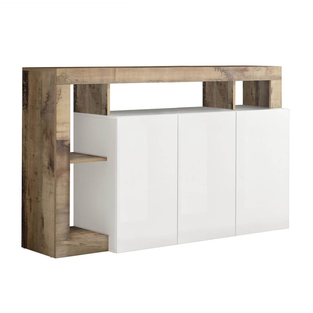 Buffet enfilade ARTURO blanc laqué avec niches effet bois vieilli 146 cm