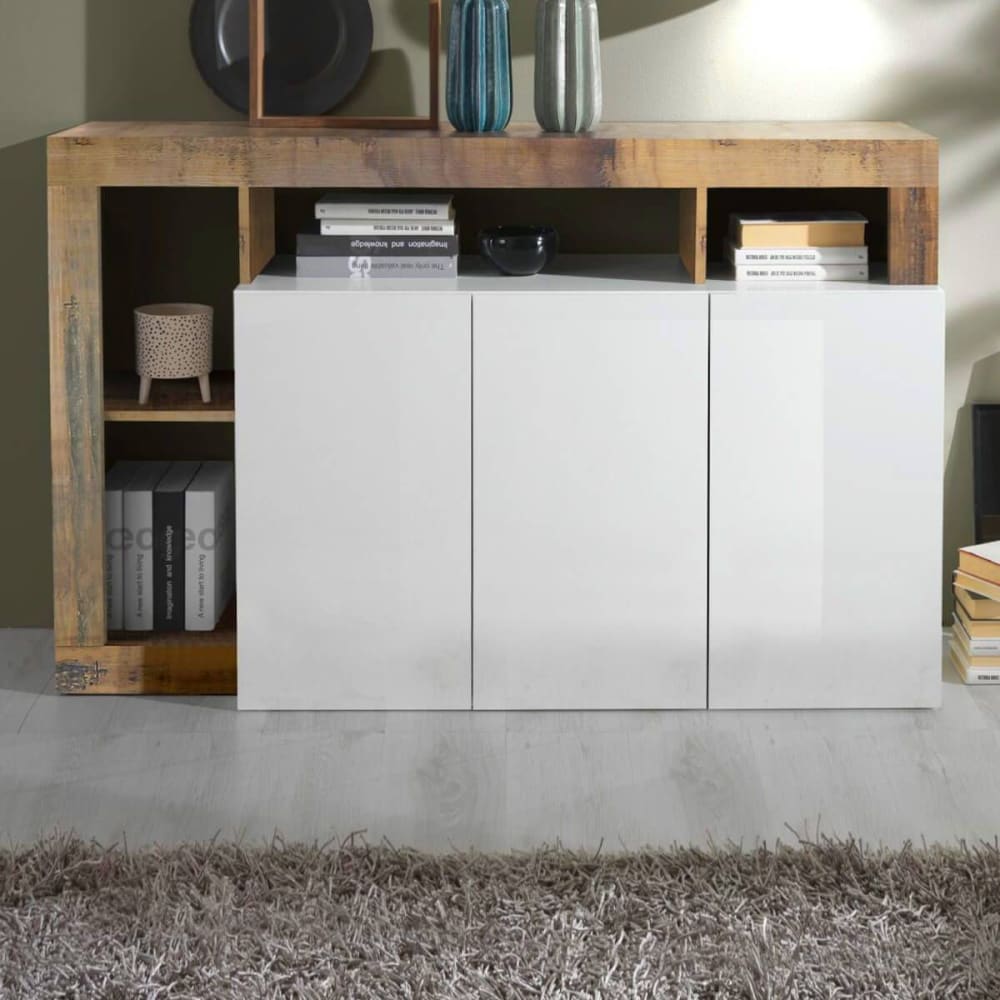 Détail des niches effet bois vieilli du buffet ARTURO