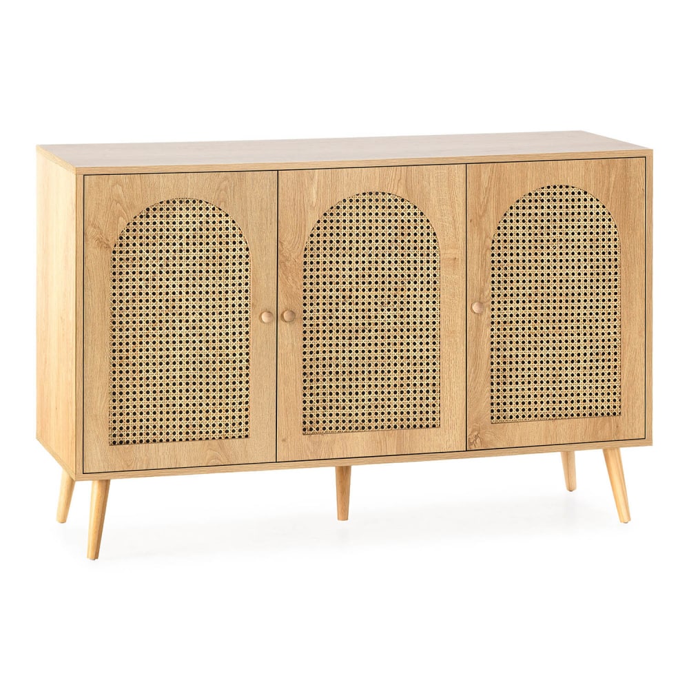 Buffet LUNA décor chêne 120 cm avec 3 portes en cannage de rotin