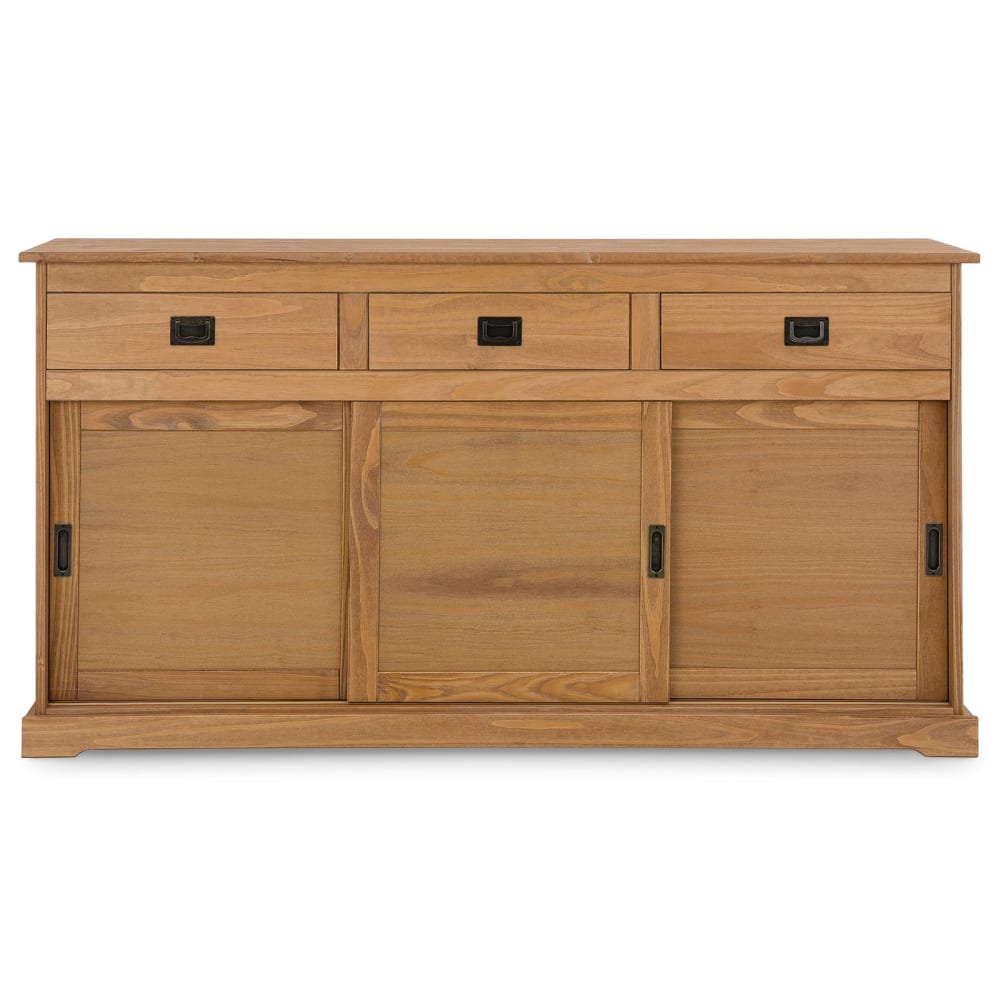 Buffet bahut SAVONA en pin massif brun 160 cm à 3 portes coulissantes