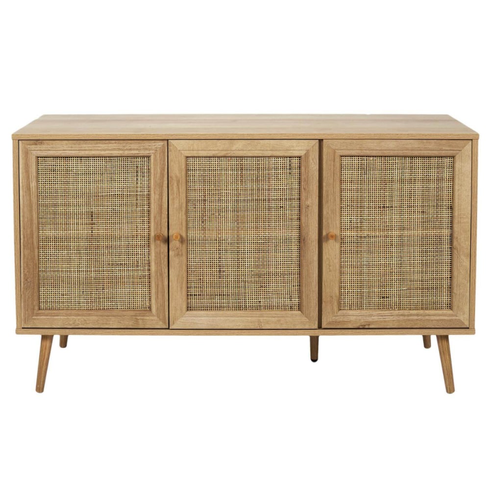 Buffet MAYA effet bois avec façades en rotin 115 cm à 3 portes