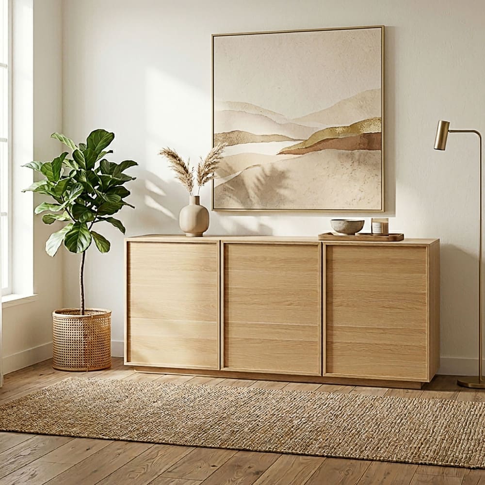 Détail de la finition bois clair du buffet JOY