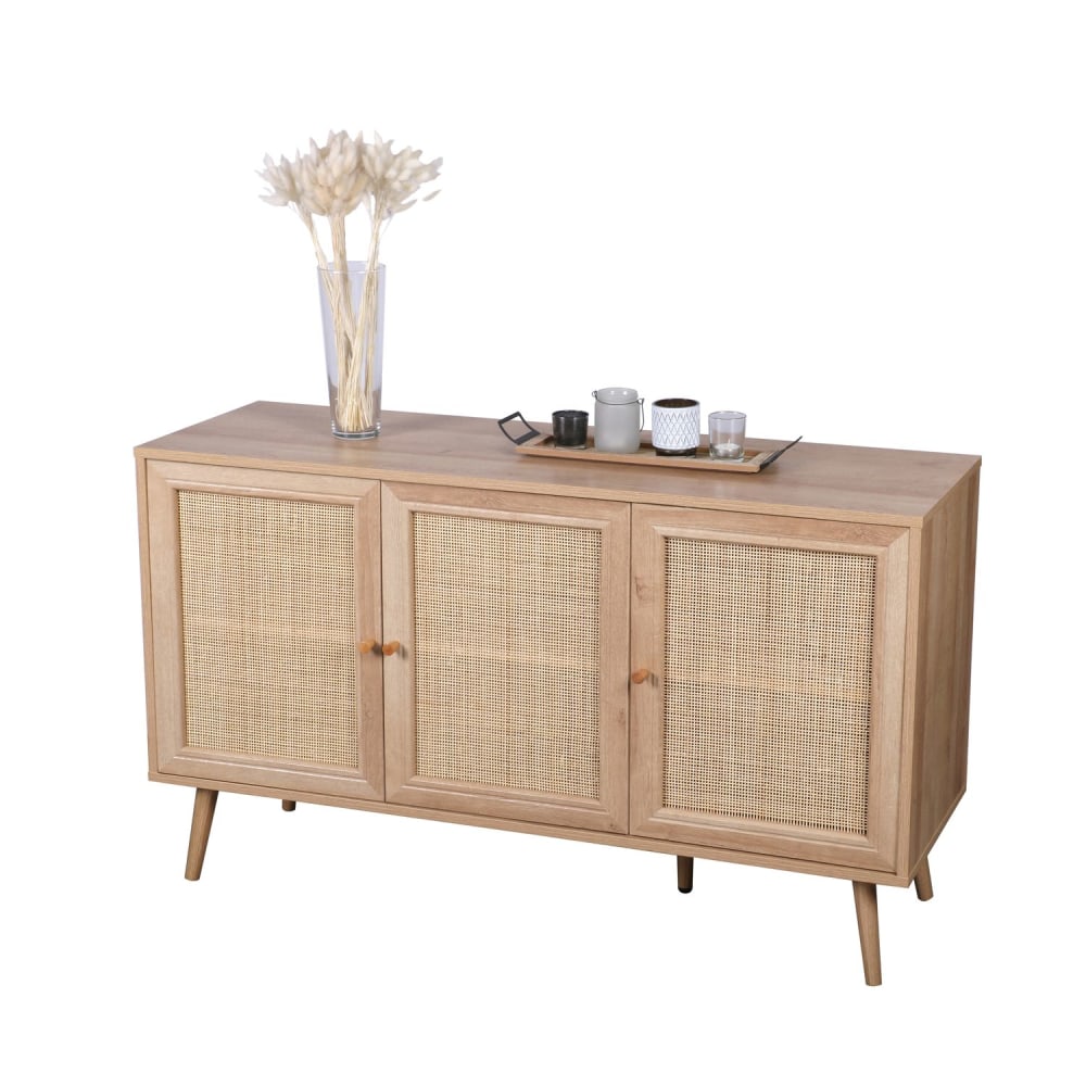Buffet de cuisine BALI 3 portes en cannage effet bois 120 cm