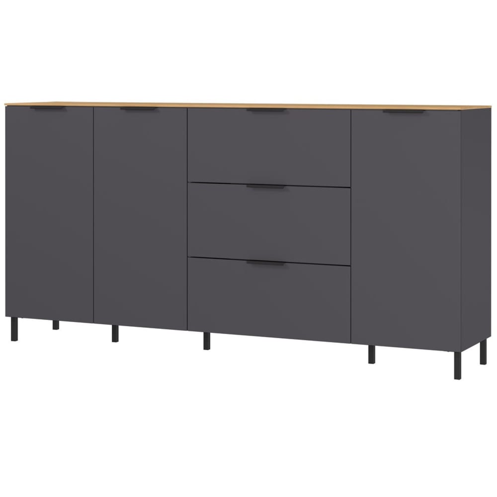 Grand buffet industriel LOMBOK gris foncé et chêne 192 cm avec 3 portes et 3 tiroirs