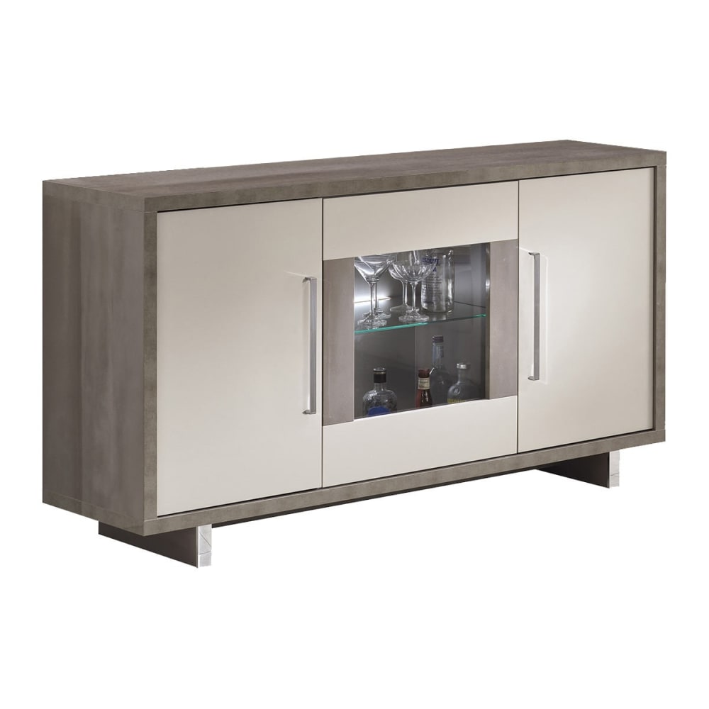Buffet enfilade AUXANE gris acier métallisé et gris perle mat avec LED 158 cm