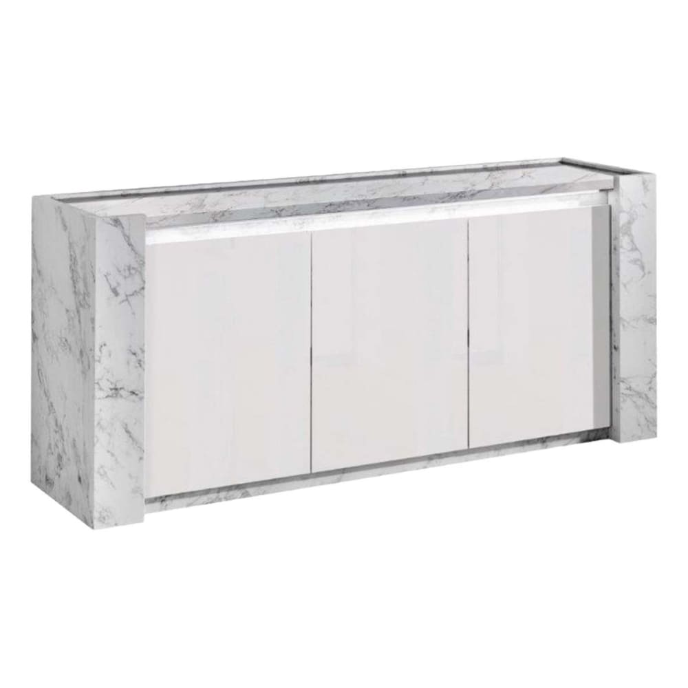 Grand buffet PRAVA laqué blanc effet marbre avec LED 195 cm à 3 portes