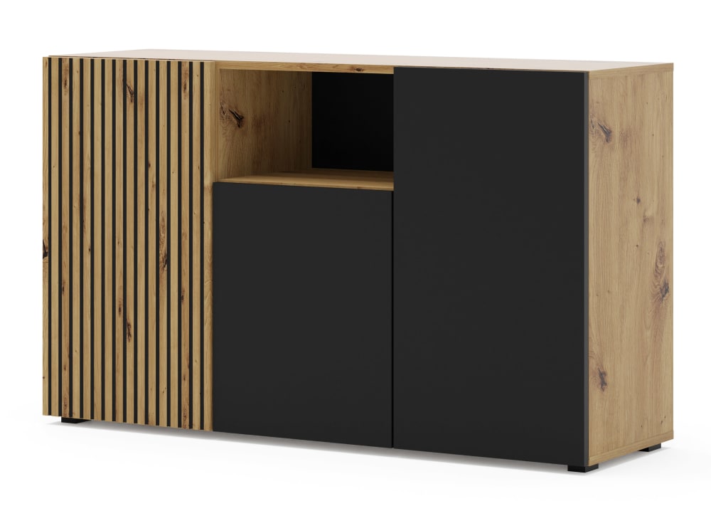 Buffet AURIS bois et noir mat 135 cm avec 3 portes push to open