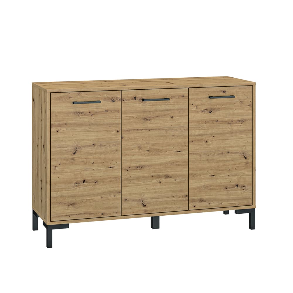 Petit buffet LIORA 3 portes effet chêne artisan pieds noirs 120 cm