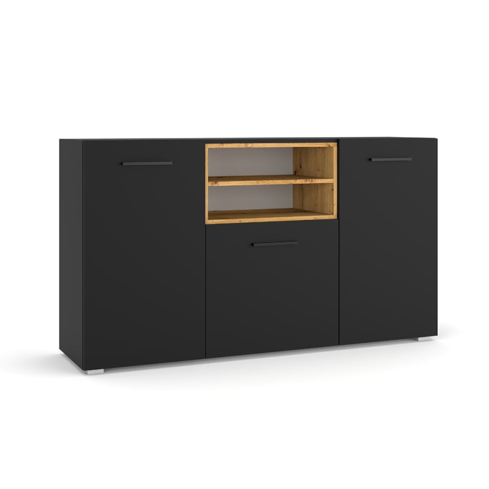 Buffet bahut ANIA noir et bois 151 cm avec 3 portes et niches