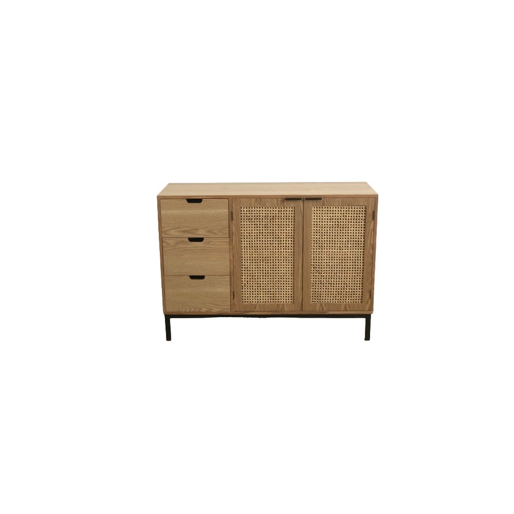 Buffet MARCEAU en frêne et cannage naturel 110 cm avec pieds métal noir