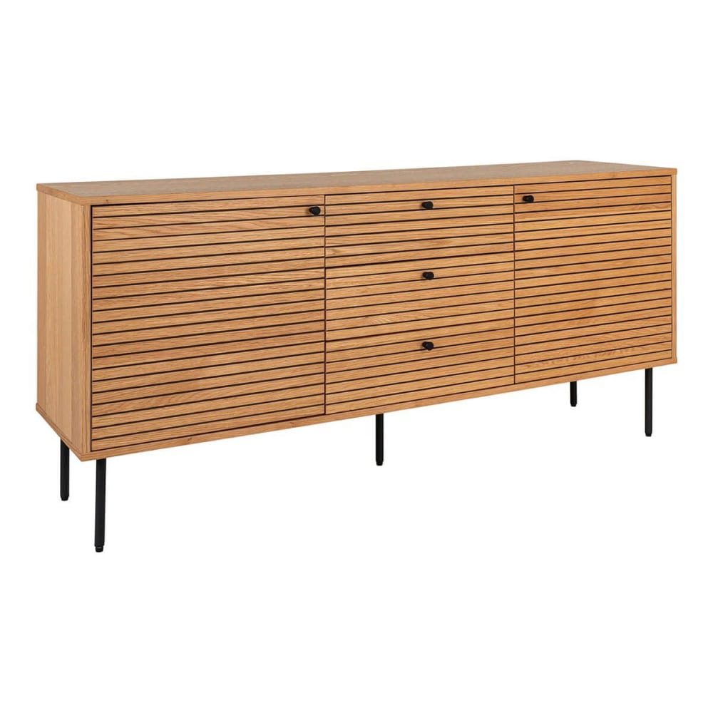 Buffet enfilade LOWAN effet tasseaux chêne clair 150 cm avec 2 portes et 3 tiroirs