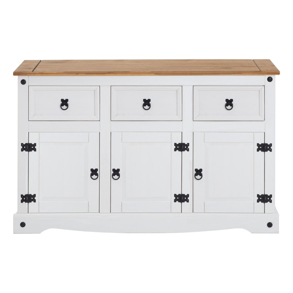 Buffet bahut CAMPO en pin massif blanc 125 cm avec 3 portes et 3 tiroirs