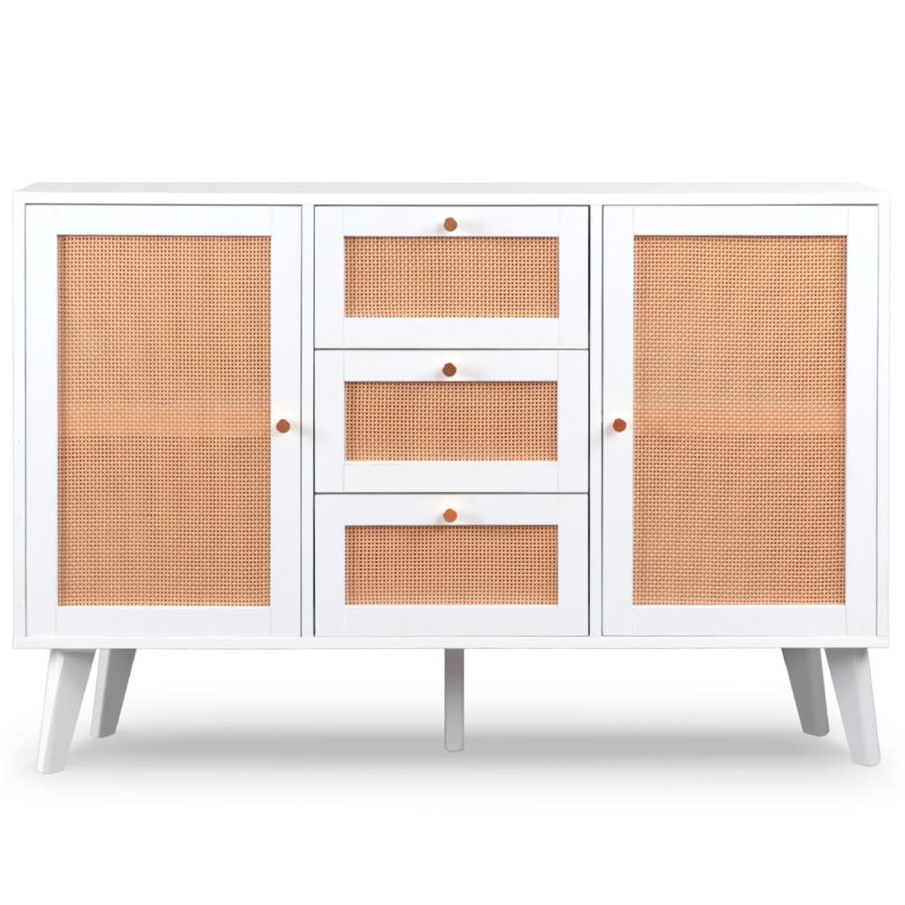 Buffet MENZZO blanc en cannage 120 cm avec 2 portes et 3 tiroirs
