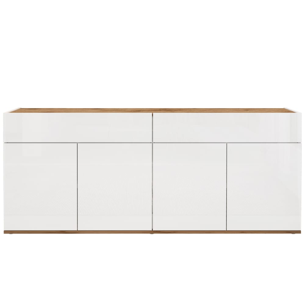 Buffet enfilade 4 portes et 2 tiroirs blanc brillant et chêne 160 cm - GARDA