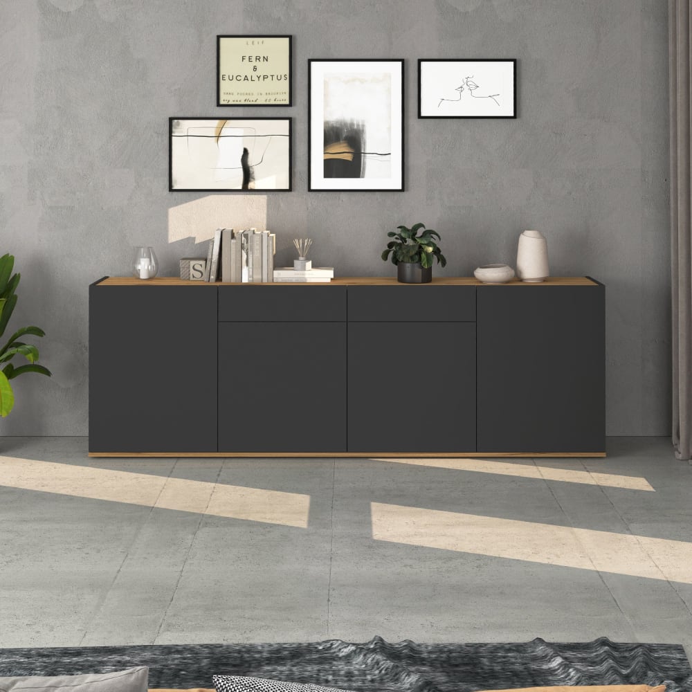 Détail du bicolore anthracite et chêne du buffet GARDA
