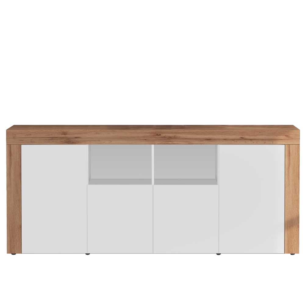 Grand buffet CHRONOS 4 portes blanc brillant et chêne 200 cm